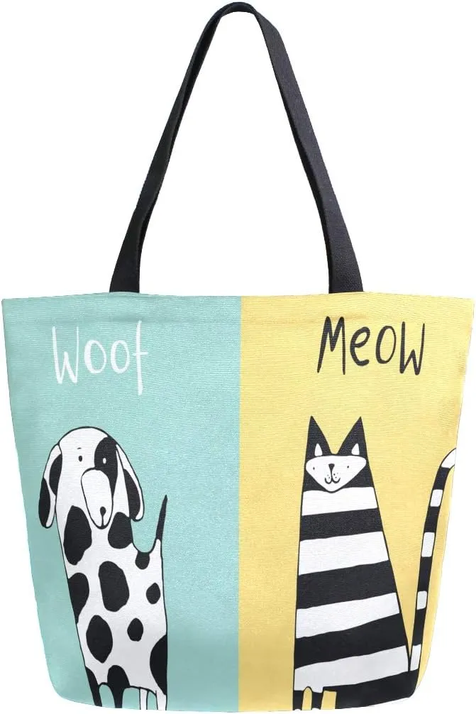 ZZXXB Cat Meow Dog Woof Reusable Grocery Shopping Bag Heavy Duty Canvas Tote Bag Large Collapsible Washable Handbag Shoulder for Women