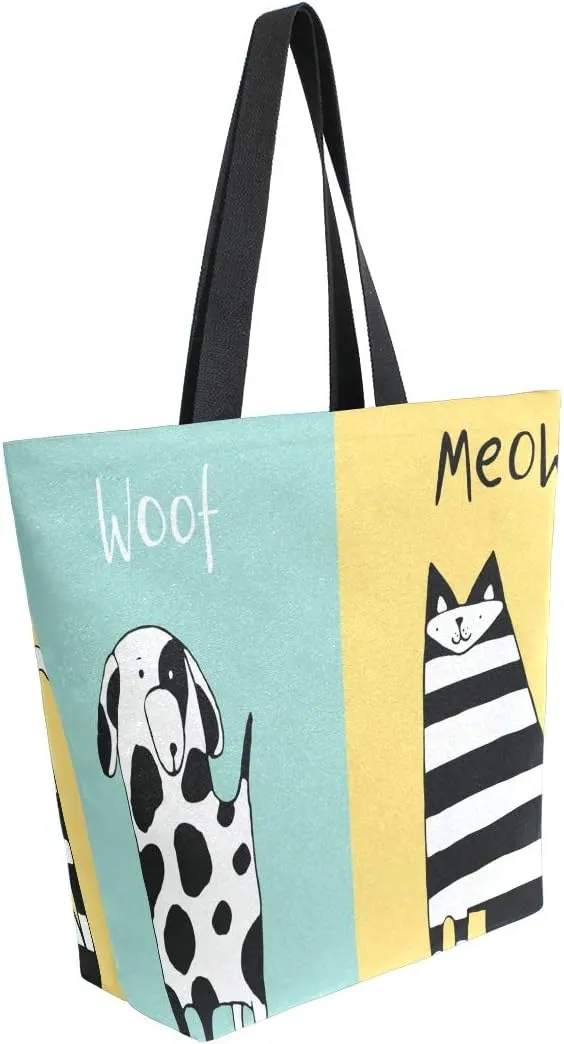 ZZXXB Cat Meow Dog Woof Reusable Grocery Shopping Bag Heavy Duty Canvas Tote Bag Large Collapsible Washable Handbag Shoulder for Women